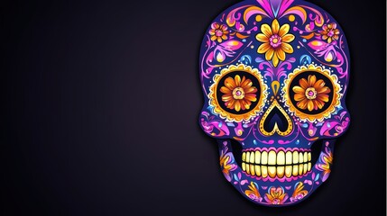 Intricately decorated sugar skull in luminous colors, neon pink, yellow, and purple details