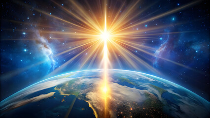 Fototapeta premium Gentle Light from the Universe Touching Earth, Symbolizing Spiritual Blessings. Perfect for: World Meditation Day, spiritual retreats, Earth blessings ceremonies