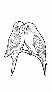 recommend clip art: Cute Parakeets Couple Drawing - Black and White Illustration