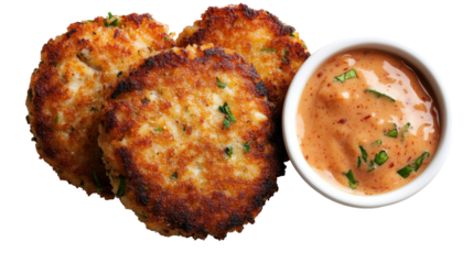 Spring culinary delight: savory crab cakes with spicy remoulade sauce for food photography - transparent background png