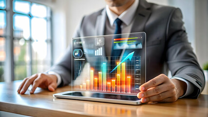 Glossy Holographic Business Presentation Background with Floating Charts Graphs Modern Design Ample Copy Space for Text Branding Photo Stock Concept