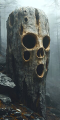 In a twilight forest, trees stand with hollow, haunting faces where leaves should be. Their empty expressions whisper softly in the wind, creating an eerie blend of nature and paranoia