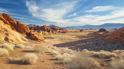 Fototapeta premium Scenic valley of fire state park landscape with expansive red rock formations and desert vegetation under clear blue sky, showcasing the rugged beauty of nevada's desert terrain in a picturesque south