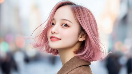 Young woman with pink hair smiling against a blurred urban background.