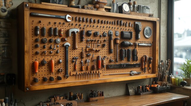 A wooden tool wall displaying various hand tools and accessories.