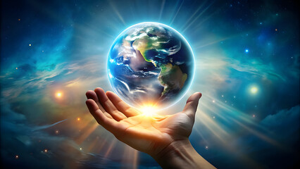 Hand Holding Earth with Light Energy, Symbolizing Spiritual Protection. Perfect for: Earth Day, spiritual protection ceremonies, future visioning events