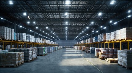 Fototapeta premium A modern warehouse packed with pallets of goods stacked to the ceiling under bright LED lights, Reflecting the meticulous organization of contemporary storage, photography style