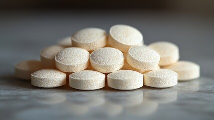 Close-up view of a pile of beige tablets arranged on a marble surface under soft lighting in a kitchen setting