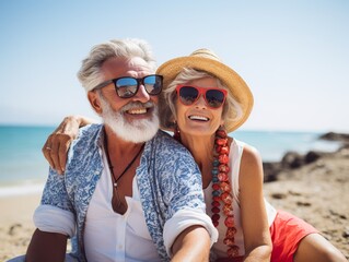happy seniors couple in beach senior man and woman old retired couple relaxing by the sea on sunny day.