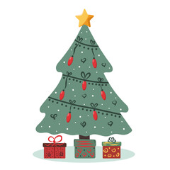 Christmas tree with garlands, balls and toys. Vector Christmas tree in flat style on white background.