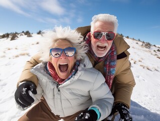 Happy senior couple having fun spending winter vacation in mountains sledding down the slope on a snowy mountain