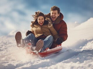 Happy young couple having fun spending winter vacation in mountains sledding down the slope on a snowy mountain.