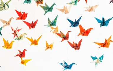 A collage of colored origami paper cranes suspended in mid-air, each bird crafted from vibrant paper, creating a dynamic and artistic composition against a neutral white background. 