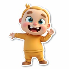 Cute 3D character, cartoon sticker on white background, 3D rendering