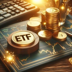 Gold coins and an ETF sign symbolize investment in Gold ETFs. Gold market concept.