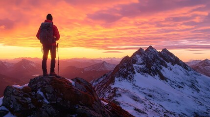 Fototapeta premium Hiker Witnessing Sunrise from Snowcapped Mountain Peak