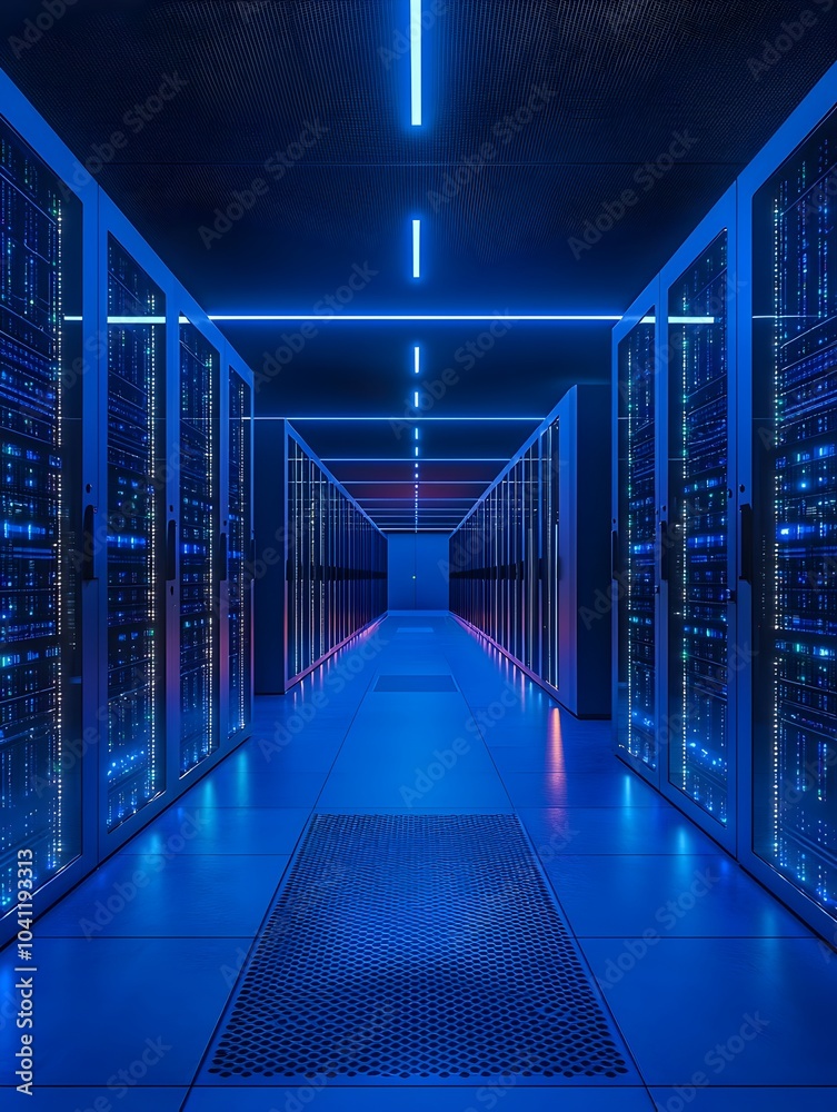Poster illuminated modern data center with rows of servers symbolizing the backbone of tech industry