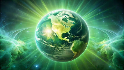 Fototapeta premium Earth with Green Spiritual Glow. Perfect for: Earth Day, nature spirituality events, green energy celebrations