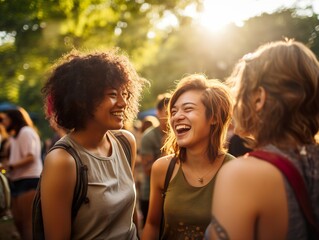 Diversity Friends enjoying party having fun at vineyard place during sunset at open air picnic.good time during a party