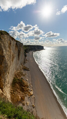 Famous chalk cliffs in Étretat. Panorama of the cliffs, Normandy in France on September 2024