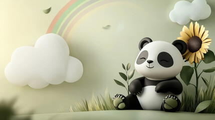 Cute Panda Sitting In Grass With Rainbow and Clouds
