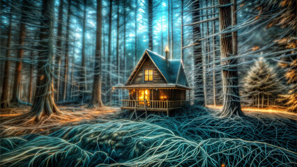 Charming cabin in enchanted forest with glowing trees and magical atmosphere