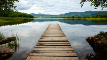 Serene Lake with Wooden Dock and Mountain Views