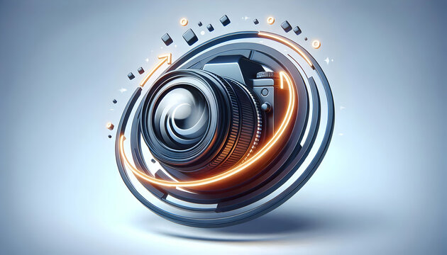 3D Floating Camera Lens Glowing Shutter Icon Concept Photography Trends Technological Innovation 3D Icon Isolated White Background Mastery Visual Art Digital Photography Design