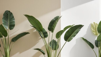 Beige wallpaper with tropical leaves on high stems for rooms or home interiors.