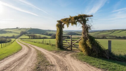 Fototapeta premium Expansive Rural Land For Sale with Scenic View and Rustic Gate in Countryside.