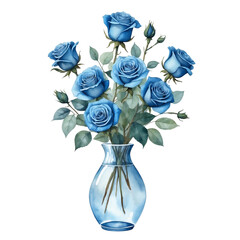 Blue rose bouquet with isolated background, Watercolor blue roses in glass vase with isolated background, Minimalist watercolor blue roses with isolated background.
