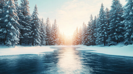Fototapeta premium A serene winter landscape featuring a river surrounded by snow-covered trees and a warm sunrise illuminating the scene.