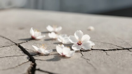 Fototapeta premium Delicate Cherry Blossom Petals on Cracked Concrete Surface.