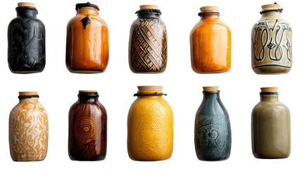 Elegant decorative glass bottles collection for interior design and creative inspiration - transparent background png