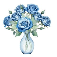 Elegant blue roses in vase with isolated background, Watercolor blue roses in glass vase with isolated background, Realistic blue rose arrangement with isolated background.