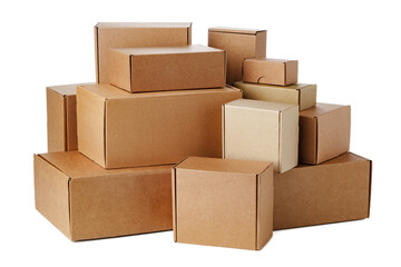 Stacked brown cardboard boxes in various sizes arranged on a white background