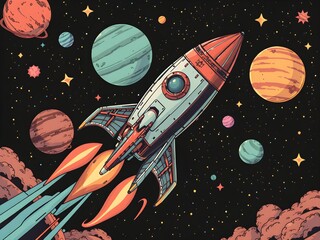 A colorful cartoon illustration of a space shuttle launch, featuring a spaceship soaring through the sky with stars and planets in the background, capturing the excitement of space exploration