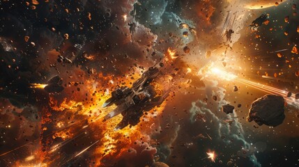 robots fight with monsters in destroyed space, background explosions due to battle, realistic effects 