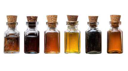 Collection of vintage glass potion bottles with cork stoppers - transparent background png