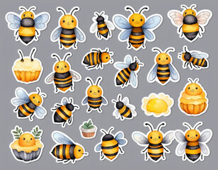 A fun and cute collection of cartoon bees and honey, featuring funny flying bees, honey pots, flowers, and adorable characters in a playful nature-inspired design, sticker