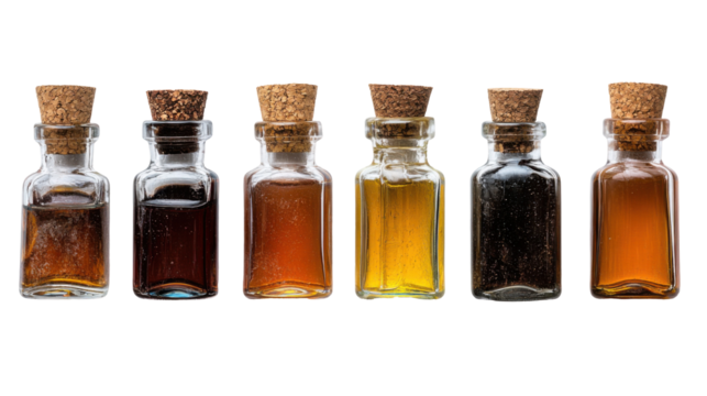 Collection of vintage glass potion bottles with cork stoppers - transparent background png