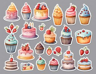 Colorful cake and dessert set with cupcakes, sweets, and chocolate treats in a cute, cartoon style pattern, sticker