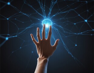 Hands reaching into the night sky, surrounded by a digital network connecting the world, symbolizing the future of technology, communication, and virtual connections