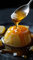 Caramel custard pudding with mint. Homemade caramel dessert or flan on a background.
