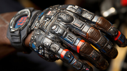 A detailed look at a rugged, high-tech glove designed for safety and performance during industrial work in a workshop environment