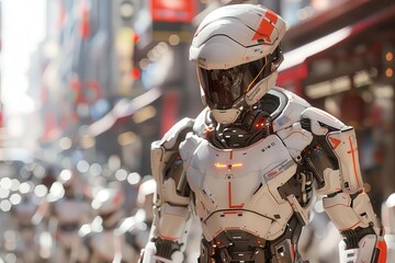 Fototapeta premium Imagine a futuristic urban landscape where AI-driven robots groove to street art-inspired beats at radical camera angles Capture the energy of innovation meeting rebellion in a pho