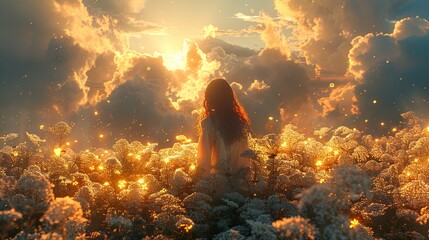 Woman Silhouetted in a Field of Glowing Flowers at Sunset