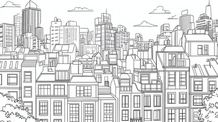 A line drawing of a city skyline with tall buildings and trees in the foreground.