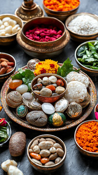 A top view of the navratna stones placed on the altar as part of the Navratri sthapna for auspicious blessings