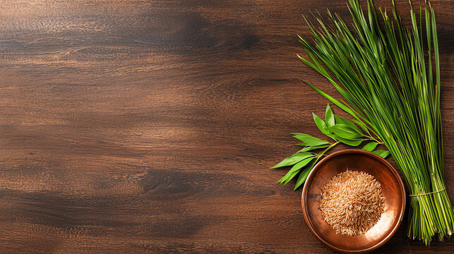 A top view of the durva grass and akshat rice being arranged in a copper plate as part of the sthapna ritual